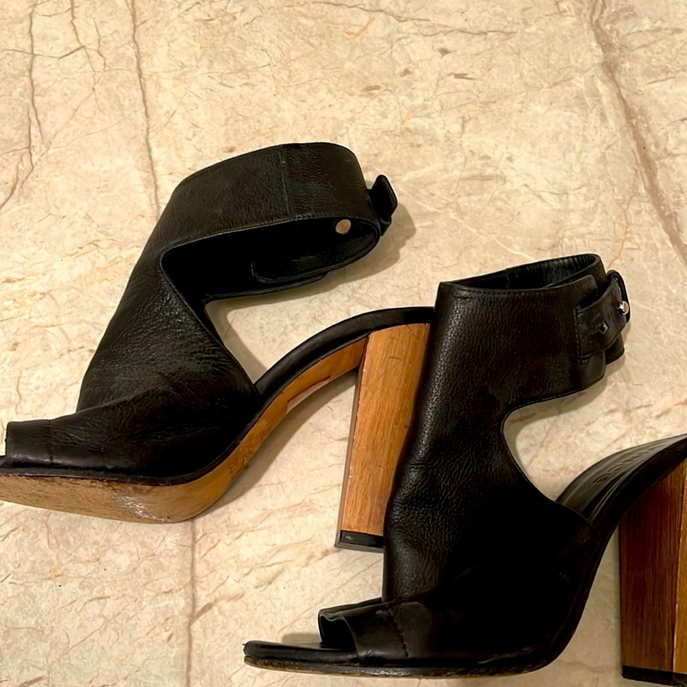 VINCE ankle strap boots wooden hills woman shoes leather black size 6.5 euro 37